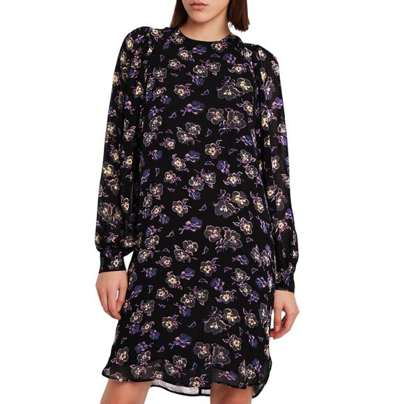 Ganni Floral Georgette Long Sleeve Shift Mini Dress Multicolor Size 36 - Picture 1 of 11